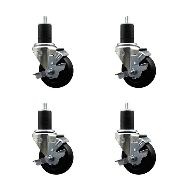 3.5'' Hard Rubber Swivel 1-3/4'' Expanding Stem Caster Set with Brake, 4PK
